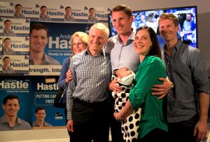 Andrew Hastie with his parents Sue and Peter, brother David, wife Ruth and son Jonathon. Photograph - Robyn Molloy.