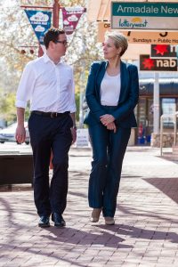 Labor candidate for Canning Matt Keogh and deputy Labor leader Tanya Plibersek in the Jull Street mall. Photograph — Matt Devlin.