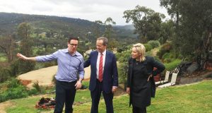 Labor Canning by-election candidate Matt Keogh, opposition leader Bill Shorten and federal member for Perth Alannah MacTiernan at Mr Keogh’s family home in the Kelmscott.