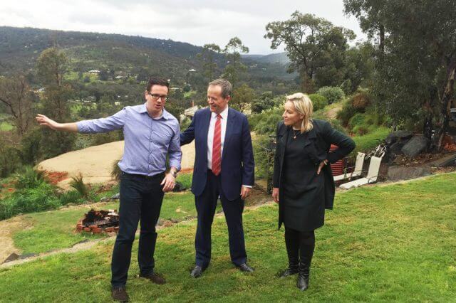 Labor Canning by-election candidate Matt Keogh, opposition leader Bill Shorten and federal member for Perth Alannah MacTiernan at Mr Keogh’s family home in the Kelmscott.