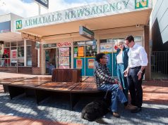 Cedric Hohrmann from Armadale talks crime with Labor candidate for Canning Matt Keogh and deputy Labor leader Tanya Plibersek in the Jull Street mall. Photograph — Matt Devlin.