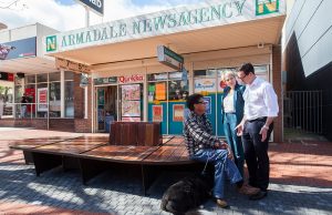 Cedric Hohrmann from Armadale talks crime with Labor candidate for Canning Matt Keogh and deputy Labor leader Tanya Plibersek in the Jull Street mall. Photograph — Matt Devlin.