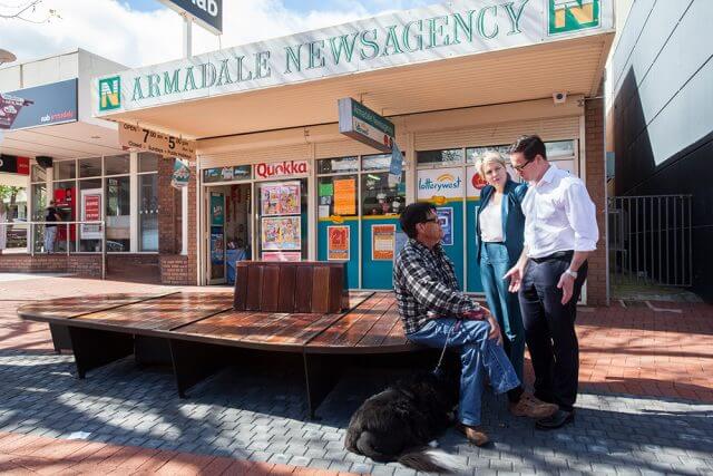 Cedric Hohrmann from Armadale talks crime with Labor candidate for Canning Matt Keogh and deputy Labor leader Tanya Plibersek in the Jull Street mall. Photograph — Matt Devlin.