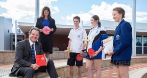 Federal Member for Tangney Dennis Jensen, Jessica McCracken, Flynn Burns, Rossmoyne head of humanities and social sciences Rosinda Seara and Cherry Thomson. Photograph — Matt Devlin.