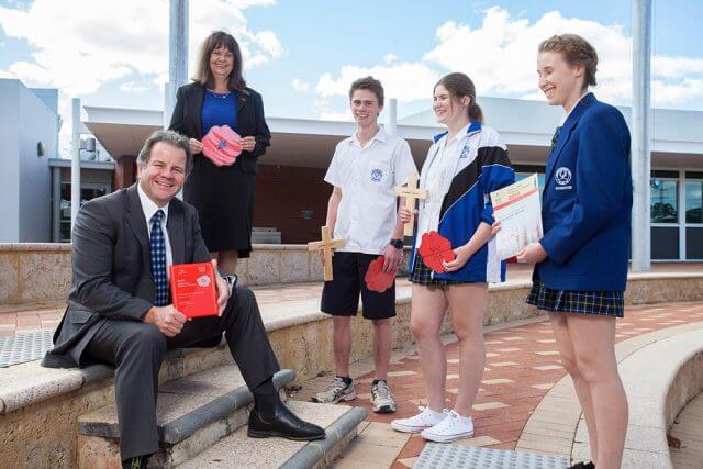 Federal Member for Tangney Dennis Jensen, Jessica McCracken, Flynn Burns, Rossmoyne head of humanities and social sciences Rosinda Seara and Cherry Thomson. Photograph — Matt Devlin.