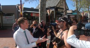 Liberal candidate for Canning Andrew Hastie speaking to locals in the Jull Street Mall on Tuesday. Photograph — Hamish Hastie.