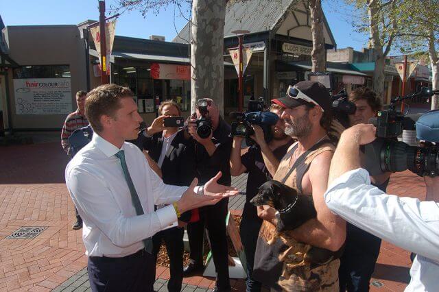 Liberal candidate for Canning Andrew Hastie speaking to locals in the Jull Street Mall on Tuesday. Photograph — Hamish Hastie.