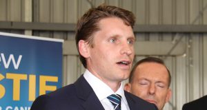 Canning by-election candidate Andrew Hastie with Tony Abbott on Saturday in Kelmscott. Photograph - Robyn Molloy.