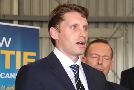 Canning by-election candidate Andrew Hastie with Tony Abbott on Saturday in Kelmscott. Photograph - Robyn Molloy.