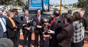 Shadow minister for infrastructure and transport Anthony Albanese with Labor candidate for Canning Matt Keogh at Denny Avenue on Tuesday. Photograph — Matt Devlin.