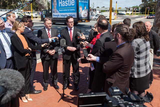 ARM-keogh Shadow minister for infrastructure and transport Anthony Albanese with Labor candidate for Canning Matt Keogh at Denny Avenue on Tuesday. Photograph — Matt Devlin.