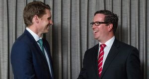 Liberal candidate Andrew Hastie and Labor candidate Matt Keogh at the Fox and Hound on Tuesday night. Photograph — Matt Devlin.