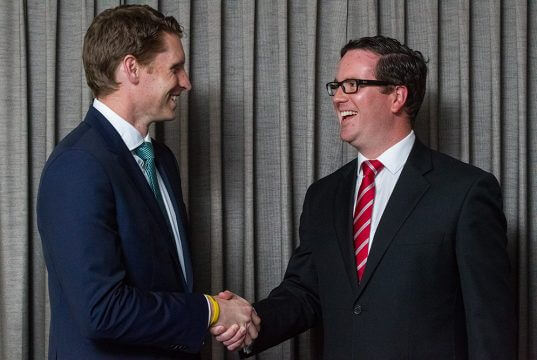 Liberal candidate Andrew Hastie and Labor candidate Matt Keogh at the Fox and Hound on Tuesday night. Photograph — Matt Devlin.