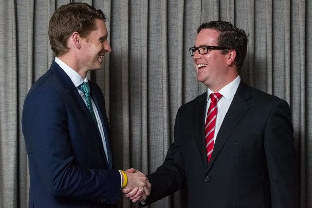 Liberal candidate Andrew Hastie and Labor candidate Matt Keogh at the Fox and Hound on Tuesday night. Photograph — Matt Devlin.
