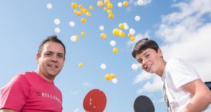 Ping pong-a-thon organiser Martin Dodge and participant Tiger Ross will be playing table tennis this weekend to raise funds to help stop international human trafficking. Photograph — Matt Devlin.