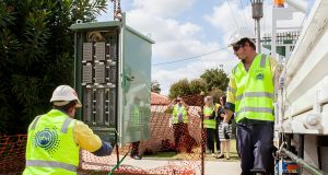 Stuart Graham and Matt Reynolds installed the City of Gosnells’ first NBN node in Langford last week. Photograph — Matt Devlin.