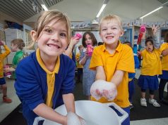 Jasie Allen and Isaac Keep learned the importance of washing their hand to halt the spread of meningococcal. Photograph — Matt Devlin.