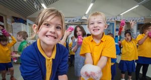 Jasie Allen and Isaac Keep learned the importance of washing their hand to halt the spread of meningococcal. Photograph — Matt Devlin.