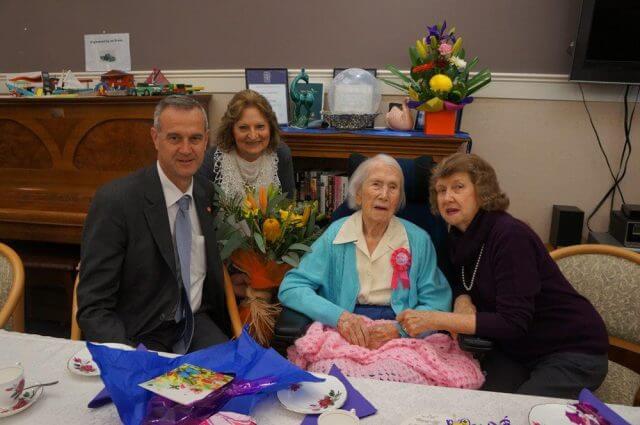 Seniors Minister Tony Simpson, Graceford facility manager Zofia Graham, Mary Powell and her daughter Delys Cumming celebrated Ms Powell’s 105th birthday.