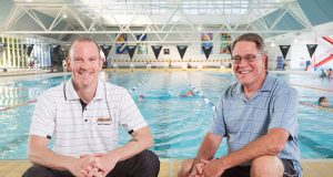 Riverton masters swim club president Damien Eyre and treasurer Graeme Pow encouraged people to get into swimming during the warmer months. Photograph — Matt Devlin.