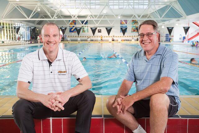 Riverton masters swim club president Damien Eyre and treasurer Graeme Pow encouraged people to get into swimming during the warmer months. Photograph — Matt Devlin.