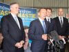 Finance minister Mathias Cormann, Prime Minister Tony Abbott, Canning by-election candidate Andrew Hastie and WA Transport Minister Dean Nalder at a joint announcement to fund the Armadale road duplication at Beaver Tree Services warehouse in Kelmscott on Saturday. Photograph - Robyn Molloy.