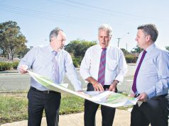 Armadale chief executive Ray Tame, Member for Canning Don Randall and assistant minister for infrastructure and regional development Jamie Briggs discussing the $1.5 million of black spot projects announced for the City of Armadale. Photograph — Matt Devlin.