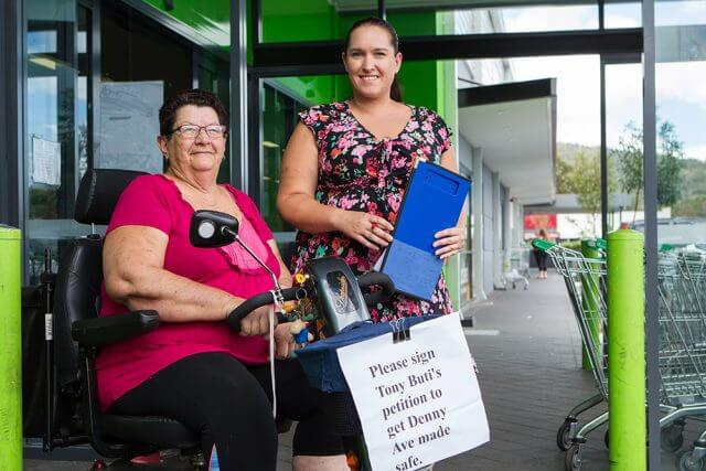 Camillo residents Gwen Singh and Laura Shockthorap will collect signatures for a petition to fix the issues at Denny Avenue this Saturday. Photograph — Matt Devlin.