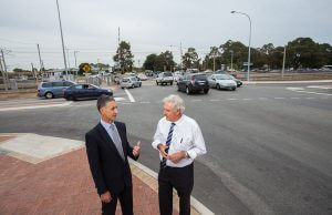 Member for Armadale Tony Buti and Federal Member for Canning Don Randall at Denny Avenue on Monday. Photograph — Matt Devlin.