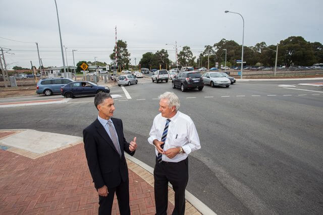 Member for Armadale Tony Buti and Federal Member for Canning Don Randall at Denny Avenue on Monday. Photograph — Matt Devlin.