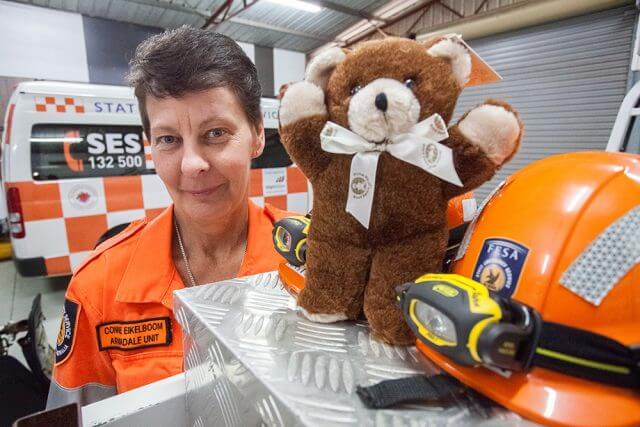 Armadale SES deputy manager Connie Eikelboom appreciates the donation of bears. Photograph — Matt Devlin.