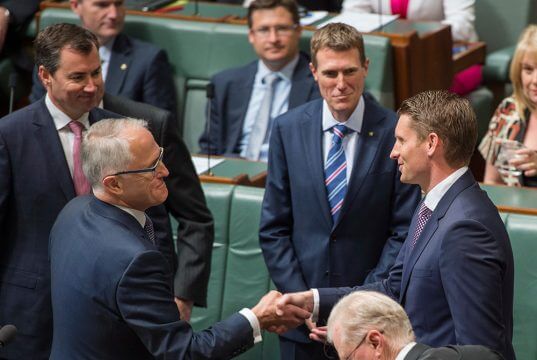 Prime Minister Malcolm Turnbull welcomes Member for Canning Andrew Hastie to parliament.