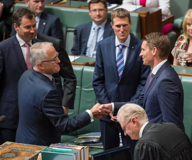 Prime Minister Malcolm Turnbull welcomes Member for Canning Andrew Hastie to parliament.