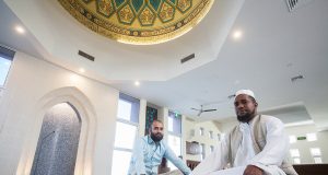 Masjid Ibrahim spokesman Talha Patel and Imam Abu Bakar Amade will welcome the public into the mosque on Saturday. Photograph – Matt Devlin.