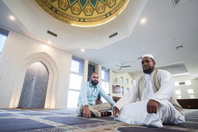 Masjid Ibrahim spokesman Talha Patel and Imam Abu Bakar Amade will welcome the public into the mosque on Saturday. Photograph – Matt Devlin.