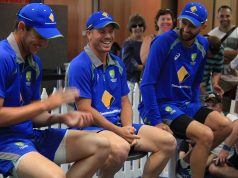 Australian Test cricketers Josh Hazlewood, David Warner and Nathan Lyon rib each other during a Q&A at the WACA. Photograph — Robyn Molloy.