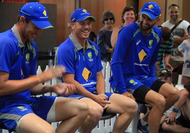 Australian Test cricketers Josh Hazlewood, David Warner and Nathan Lyon rib each other during a Q&A at the WACA. Photograph — Robyn Molloy.