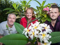 Lee Fitzpatrick, Sue Trapnell and Michael North with the plants that will be for sale at the plant sale on December 5. Photograph — Matt Devlin.