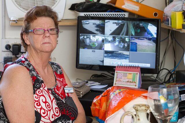 Serpentine Jarrahdale RSL op shop volunteer Judy Petrie with CCTV footage showing the outside of the shop’s premises. Photograph — Matt Devlin.