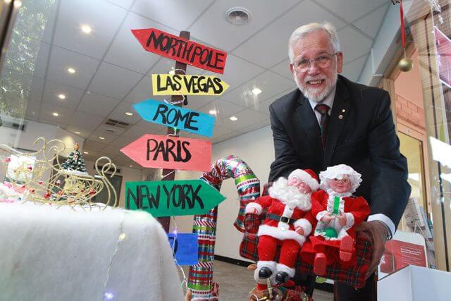 Armadale mayor Henry Zelones at the Hello World Christmas window display in Jull Street. Photograph — Matt Devlin.