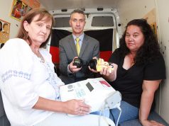 Ear bus ear screeners Jane Matthews and Tania Harris and Member for Armadale Tony Buti are worried ear health in indigenous children will be compromised. Photograph — Matt Devlin.