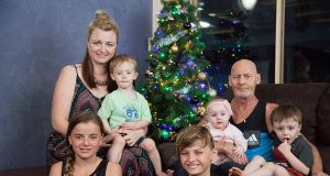 Rebecca and Patrick Maher with children Trinity, 11, Lucas, 2, Mitchell, 13, eight-month-old Ivy and Brodie, 3. Photograph — Matt Devlin.