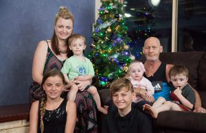 Rebecca and Patrick Maher with children Trinity, 11, Lucas, 2, Mitchell, 13, eight-month-old Ivy and Brodie, 3. Photograph — Matt Devlin.