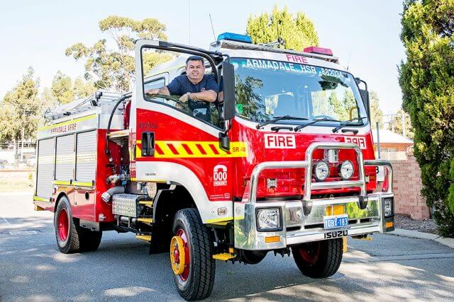 Armadale Volunteer Fire and Rescue Service captain Andrew Clift in the service’s new hazmat structural rescue truck. Mr Clift will be honoured for his 30 years of service on April 10. Photograph — Kelly Pilgrim-Byrne.