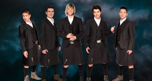 Original band member and former Glee star Damian McGinty (second from right) will join Celtic Thunder’s Keith Harkin, Ryan Kelly, Emmet Cahill and Neil Byrne.