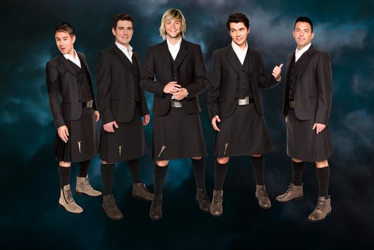 Original band member and former Glee star Damian McGinty (second from right) will join Celtic Thunder’s Keith Harkin, Ryan Kelly, Emmet Cahill and Neil Byrne.