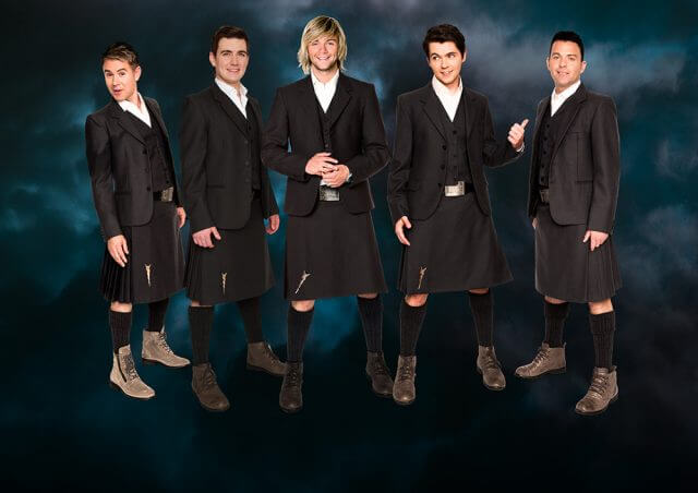 CAN-celtic-thunder-2 Original band member and former Glee star Damian McGinty (second from right) will join Celtic Thunder’s Keith Harkin, Ryan Kelly, Emmet Cahill and Neil Byrne.