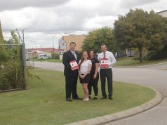 Labor candidate for Southern River Terry Healy, Gosnells resident Bonnie Choyce, Maddington resident Rachael Tarnawskyj and Labor leader Mark McGowan discuss employment concerns.