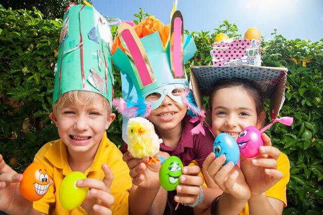 Jarrahdale Primary School students Peter Denholm, Jasper Richards and Sienna Young get creative for Easter. Photograph — Matt Devlin.