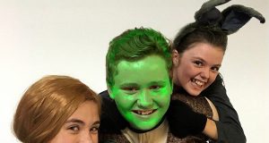 Princess Fiona (Stephanie Shaw), Shrek (Ashley Garner) and Donkey (Saoirse Gerrish) and in Shrek Junior – The Musical.
